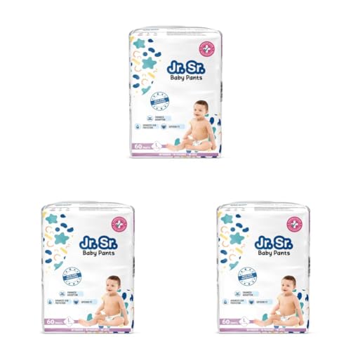Image of Jr. Sr. Baby Diaper Pants | Large (L) Size (9-14 kg), 60 Count | Pack of 3 | Upto 12 hr Absorption with Advanced Leak Protection | Safe For Babies Skin | Soft, Secure & Comfy