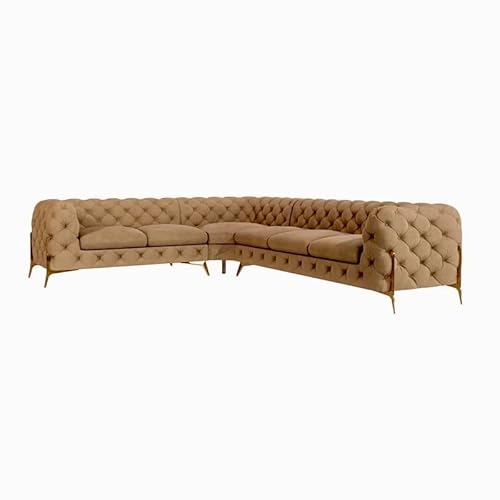 Homeology Chesterfield Corner Sofa – 4 to 6 Seater L-Shaped Tufted Plush Velvet Chaise Lounge, Left/Right Hand Facing with Deep Button and Sturdy Legs (Mink Plush, 6 Seater Left Hand Corner)