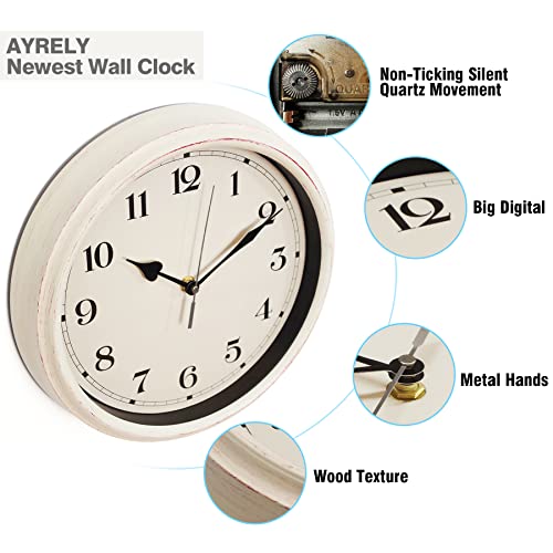 Image of AYRELY Decorative Vintage Wall Clock - 11Inch Silent Non-Ticking Clocks Battery Operated - Classic Decor for Living Room, Farmhouse, Kitchen, Bedroom, Bathroom (White)