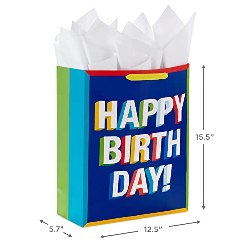 Hallmark 15" Extra Large Birthday Gift Bag with Tissue Paper (Happy Birthday, Red, Blue, Yellow, Green) for Kids, Teachers, Coworkers, Friends
