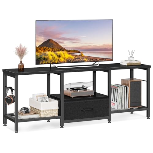 Coleshome TV Schrank, Fernsehtisch mit DREI Offenen Fächern und Einer Großen Stoffschublade, TV Board Geeignet für Wohnzimmer, Spielzimmer, Bietet Platz für Fernseher bis zu 120 cm Länge, Schwarz Coleshome TV Schrank, Fernsehtisch mit DREI Offenen Fächern und Einer Großen Stoffschublade, TV Board Geeignet für Wohnzimmer, Spielzimmer, Bietet Platz für Fernseher bis zu 120 cm Länge, Schwarz