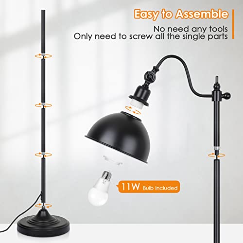 Mlambert Industrial Floor Lamp,63 Inch LED Standing Lamp Modern with 11W LED Bulb,Adjustable Metal Heads,Foot Switch,Metal Tall Lamps for Living Room,Bedroom,Office,Vintage Stand Up Light- Black
