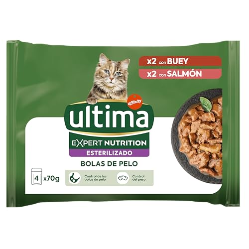 Ultima Expert Nutrition Comida Húmeda para Gatos Esterilizados - Control de Bolas de Pelo - Caja de 11 x (4x70g)