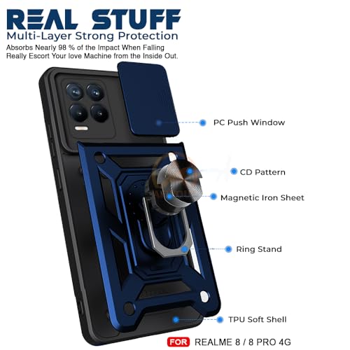 Image of Armor Bumper Back Cover Case for Realme 8 Pro / 8 4G Rotating Camera Cover, Ring Holder & Kickstand | Heavy Duty & 360 Degree Protection Realme 8 Pro / 8 4G Back Cover (Blue)