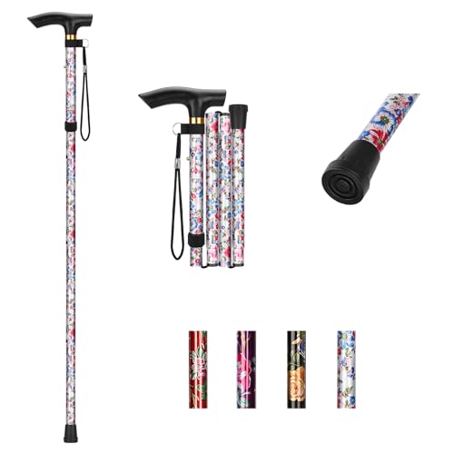 YF Walking Stick, Adjustable Folding Walking Sticks for Women and Men, Foldable Lightweight Travel Cane, Balancing Mobility Aid for Seniors Ladies with Wrist Strap and T Handle, White Floral