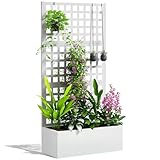 Outsunny Galvanized Raised Garden Bed with Trellis, Metal Planter Box with Drainage Holes, Outdoor Privacy Screen for Climbing Plants, Vegetable, Vines, 35" x 16" x 70", White