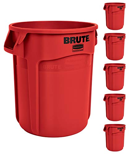 Image of Rubbermaid Commercial Products BRUTE Heavy-Duty Round Trash /Garbage Can, 20-Gallon, Red, Outdoor Waste Container for Landscapers /Construction /Restaurants /Back of House /Offices /Warehouses, Pack of 6