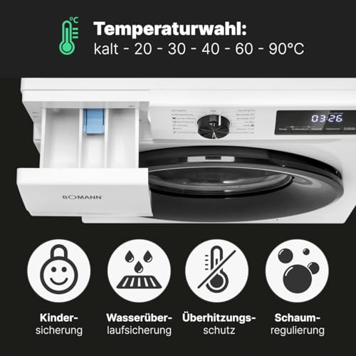 Bomann® Waschmaschine 7kg | max. 1400 U/min | 10 Jahre Motor-Garantie | effizienter, leiser & langlebiger Invertermotor | 15 Programme | | LED-Display | Washing Machine | WA 7175 weiß-schwarz
