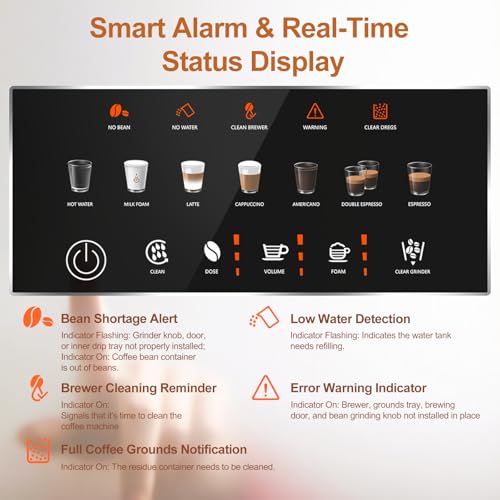Image of Fully Automatic Espresso Machine with Grinder & Auto Milk Frother, Smart Alarm, Coffee Machine with Intuitive Touchscreen & Auto-Clean Function, Ideal for Latte, Cappuccino, Americano