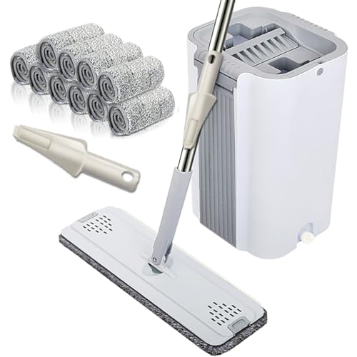 Cyoua フロアモップ 水拭きモップ 手洗い不要 乾湿両用 フラットモップ モップ 拭き掃除 モップ絞り器付き バケツ付き 拖把 掃除用品 掃除道具 mop 業務用 床掃除 家庭用 10枚交換モップパッド付き