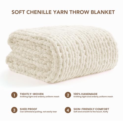 Image of L'AGRATY Chunky Knit Throw Blanket for Couch, 50'' x 70'' Knit Throw, Ivory