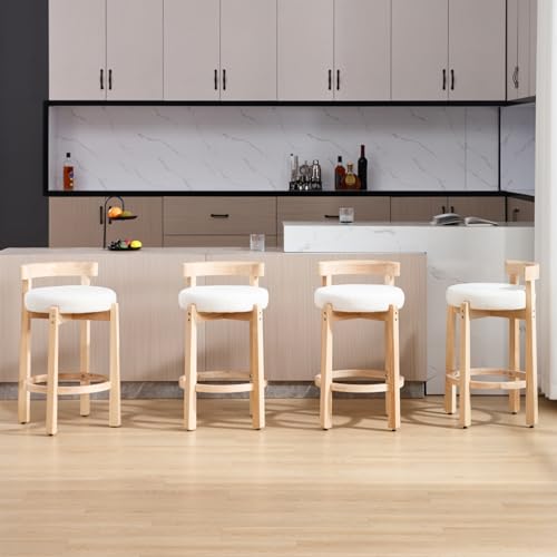 Image of CIMOTA 26.5 inch Counter Height Bar Stools Set of 6 | Mid Century Modern Low Back Bar Chairs with Solid Wood Legs & Sherpa Upholstered Seat, Kitchen Island Stools, White