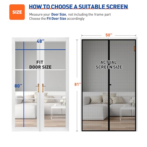 Image of MAGZO Screen Door Magnets 48 x 80, Durable Fiberglass Double Door Mesh with Full Frame Hook&Loop Fits Door Size up to 48 inchx80 inch Max-Black | 50 inch x 81 inch Heavy Duty Door Screen Magnetic Closure & Windproof Fastener, Pet Friendly Front Screen Door Mesh