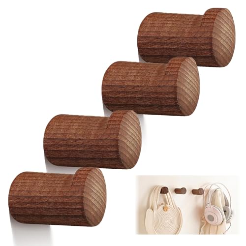 QTMMC 4 Pack Wooden Coat Hooks Wall Mounted Walnut Wood Hooks Entryway Hat Rack Decorative Wall Hooks Heavy Duty Hangers Single Organizer for Hanging Coats Jackets Clothes Towels Bags Hallway Bedroom