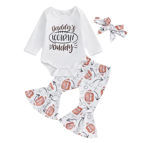 Newborn Baby Girl Football Outfits Daddy’s Football Buddy Long Sleeve Romper Flare Pants Headband Set Fall Clothes