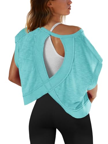 Image of SENSERISE Womens Open Back Workout Tops Backless Short Sleeve Athletic Shirt Running Crop Top Gym Yoga Tee