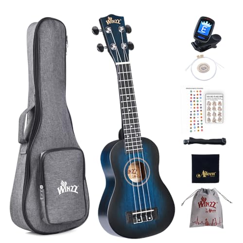 Winzz Ukulele Konzert Anfänger Set Kinderm Erwachsene, Einzigartiges Farbdesign, mit Tasche, Stimmgerät, Zusätzlichen Saiten, Gurt, Noten-Aufkleber (Vintage-Blau, 21 Zoll)