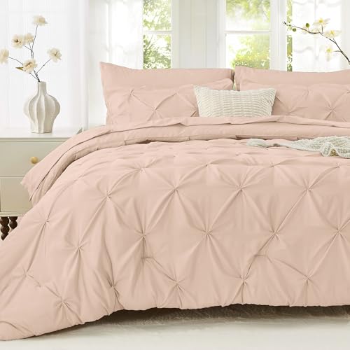 Image of Sasttie California King Comforter Set, 7-Piece Bed in a Bag, Pintuck Bedding Sets for All Season, Includes Comforter, Flat Sheet, Fitted Sheet, Pillowcases and Pillowshams, Blush Pink