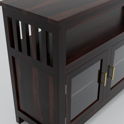 Image of Solid Sheesham Wood Sideboard for Living Room with Glass Doors | 3-Door Storage Unit & Open Display Shelf | Buffet Cabinet for Dining Room, Entryway & Hallway | Walnut Finish | 140 x 40 x 82 cm