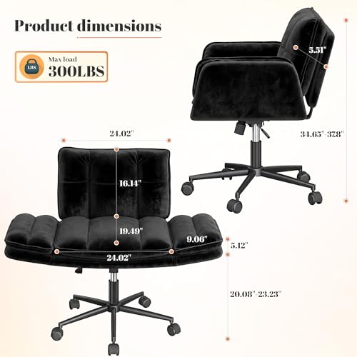 Image of DurayLoly Criss Cross Chair with Wheels, Fluffy Vanity Chair with 5-Gear Flip Armrests, Cross Legged Swivel Seat for Bedroom, Makeup Vanity, Home Office, Dorm, Black