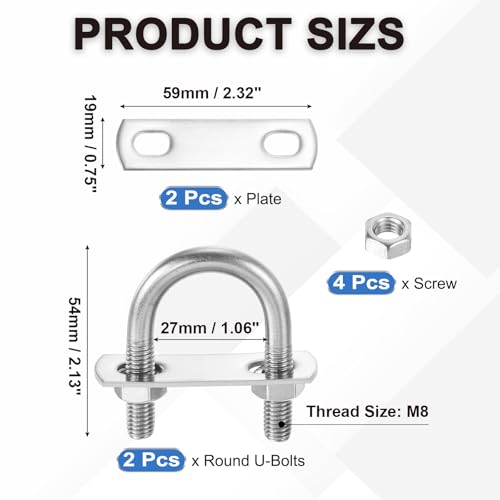 Image of PATIKIL Round U-Bolts, 2 Pcs 1.06 inch(27mm) Inner Width 54mm Length M8 with Nut Plate Washer 304 Stainless Steel Round Bend U-Bolts for Boat Trailer Axle Sailboat