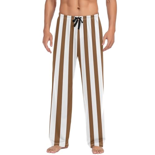 Lounge Pajama Pants for Men Brown White Stripes Men's Sleep Bottoms Pants with Drawstring, S