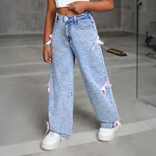 Kids Girls Baggy Jeans Wide Leg Straight Butterfly Bow Demin Pants Loose High Waist Girls Trendy Teen Fall Trouser4