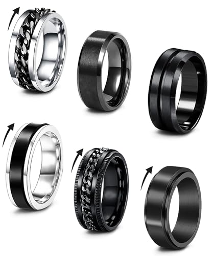 EIELO 6Pcs Stainless Steel Band Rings for Men Women Cool Fidget Spinning Chain Ring Anxiety Relief Fashion Simple Wedding Engagement Black Ring Set