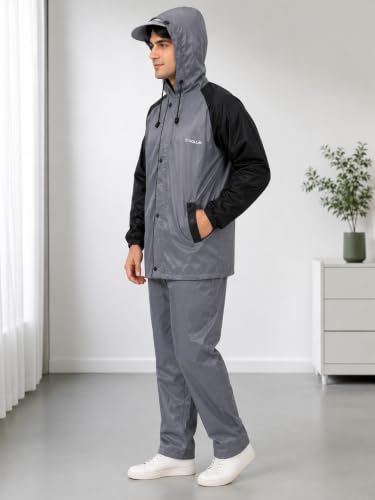 Image of Dollar Men's Waterproof Raincoat Set with Detachable Plastic Visor Hood | Lightweight Polyester Jacket Pant Rainwear Suit with 4 Pockets, Full Sleeve Leakproof for Biking, Trekking & Outdoor