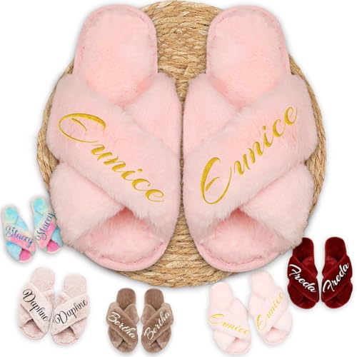 Personalized Fluffy Slippers for Women - Custom Bridesmaid Slippers for Wedding Party - Gift for Bride, Bridesmaid, Mom on Birthday, Christmas, Easter & Mother's Day