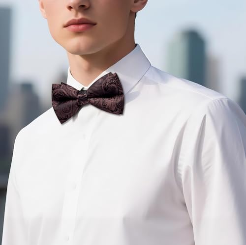 Image of Barry.Wang Paisley Striped Bow Tie for Men Silk Pre-Tied Bowtie Pocket Square Cufflinks Set Formal Wedding Party Prom