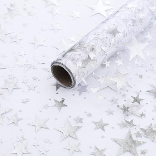 WJIAAA Silver Star Chiffon Table Runner,16 Ft Star Sheer Tulle Table Runner