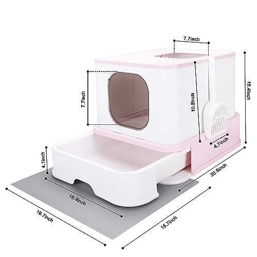 RIZZARI Large Foldable Top Entry Cat Litter Box with Lid,Anti-Splshing Kitty Litter Pan Easy Cleaning and Scoop (Upgrade,Pink)