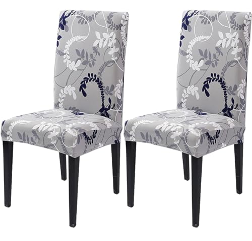 Image of Styleys Chair Covers for Dining Room, Stretch Dining Chair Cover, Washable Spandex Kitchen Chair Slipcovers (Set of 2, Leaves Grey, SD3213)