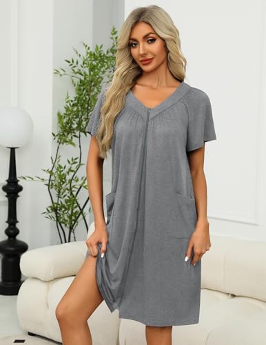 Image of Ekouaer Women Robe Zipper Front Mumu Duster Robes Zip Up Housecoat Soft Sleepwear with Pockets