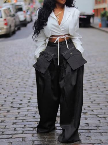 Women's High Waisted Wide Leg Satin Cargo Pants Flowy Trousers with Zipper Pockets4