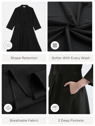 Image of SAADAA Women Cotton-Linen Blend Flared Dress | Midi Dress with 3 /4 Sleeves, Adjustable Waist Belt & Pockets | Below Knee Casual Dress for Office, Travel & Everyday Wear