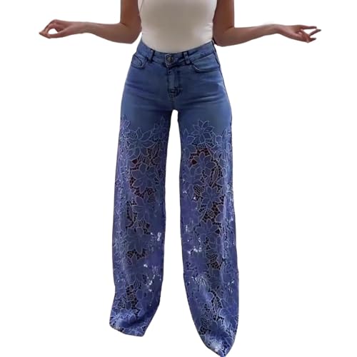 Pantalon jean femme jambe large - Pantalon en denim avec dentelle, patchwork baggy, style Y2K, taille haute, palazzo, jean sexy, jean élégant extensible, grandes...