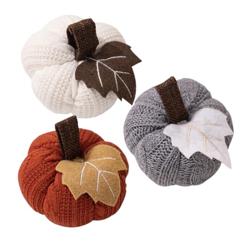 VICASKY Decorazione Di Zucca Lavorata a Maglia Autentica Per Festa Del Ringraziamento, Zucca Decorativa Finta Arancione, Grigia e Bianca 3 Pezzi, Ornamento Per Arredamento Domestico Autunnale