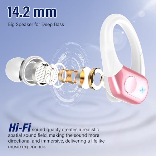 Image of Qecnato Wireless Earbuds Bluetooth 5.4 Headphones Sports, 75H Stereo Deep Bass Over Ear Buds with Earhooks, Bluetooth Earbuds with 4 ENC Mic, LED Display, IP7 Waterproof Earphone for Running, Pink