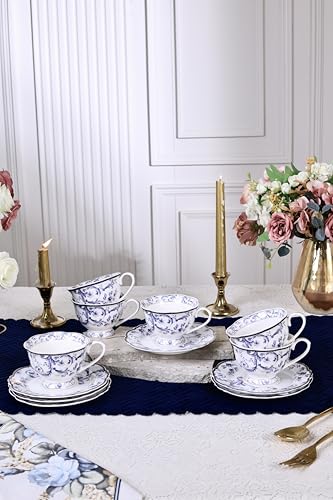 Image of Vigneto Floral Midnight Blue Cup and Saucer Set (Vintage Collection) for Tea /Coffee /Hot Drinks | Set of 6 Cup & 6 Saucers, 210 ML | Finest Premium Porcelain | Scratch Resistant | Chip Resistant