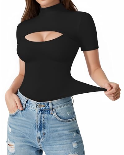 ALGALAROUND Short Long Sleeve Shirts for Women Basic Mock Turtle Neck Cut Out Tops Going Out T-Shirt Tee3