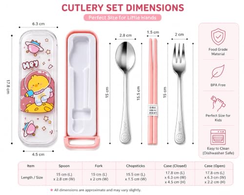 Image of Kids Cutlery Set with Box | Stainless Steel Spoon /Fork /Chopsticks | BPA-Free Food Grade Portable Lunch Utensils for School, Travel, Picnic & Camping