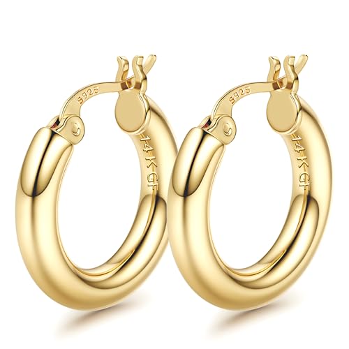 BESTEEL 14K Chunky Gold Hoop Earrings for Women With 925 Sterling Silver Post Hollow Tube Hoops Earrings 4mm Thick Gold Hoop Earrings Hypoallergenic Lightweight Gold Large Hoop Earrings 25/30/40/50/60/70MM