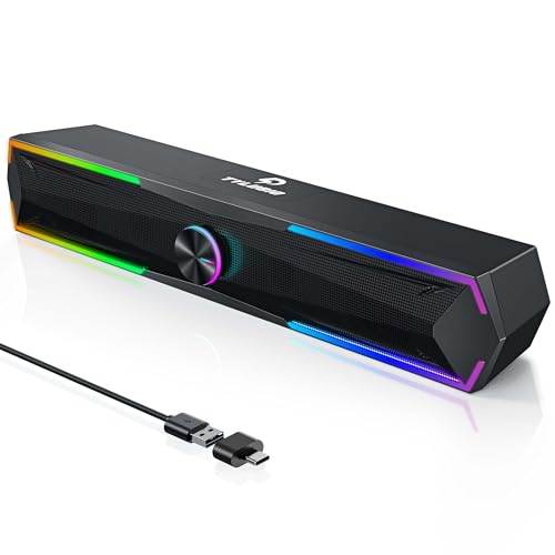 Tylubio Pc Speakers Computer Sound Bar with Stereo Sound, Flowing LED & Push-Button Control Computer Speaker for Desktop Laptop Monitor, USB Input - Jet Black