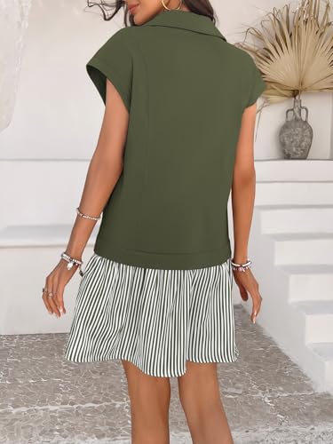 Image of Women's V Neck Short Sleeve Summer Dress Cap Sleeve Casual Loose Fit Pleated Striped Shirt Dress