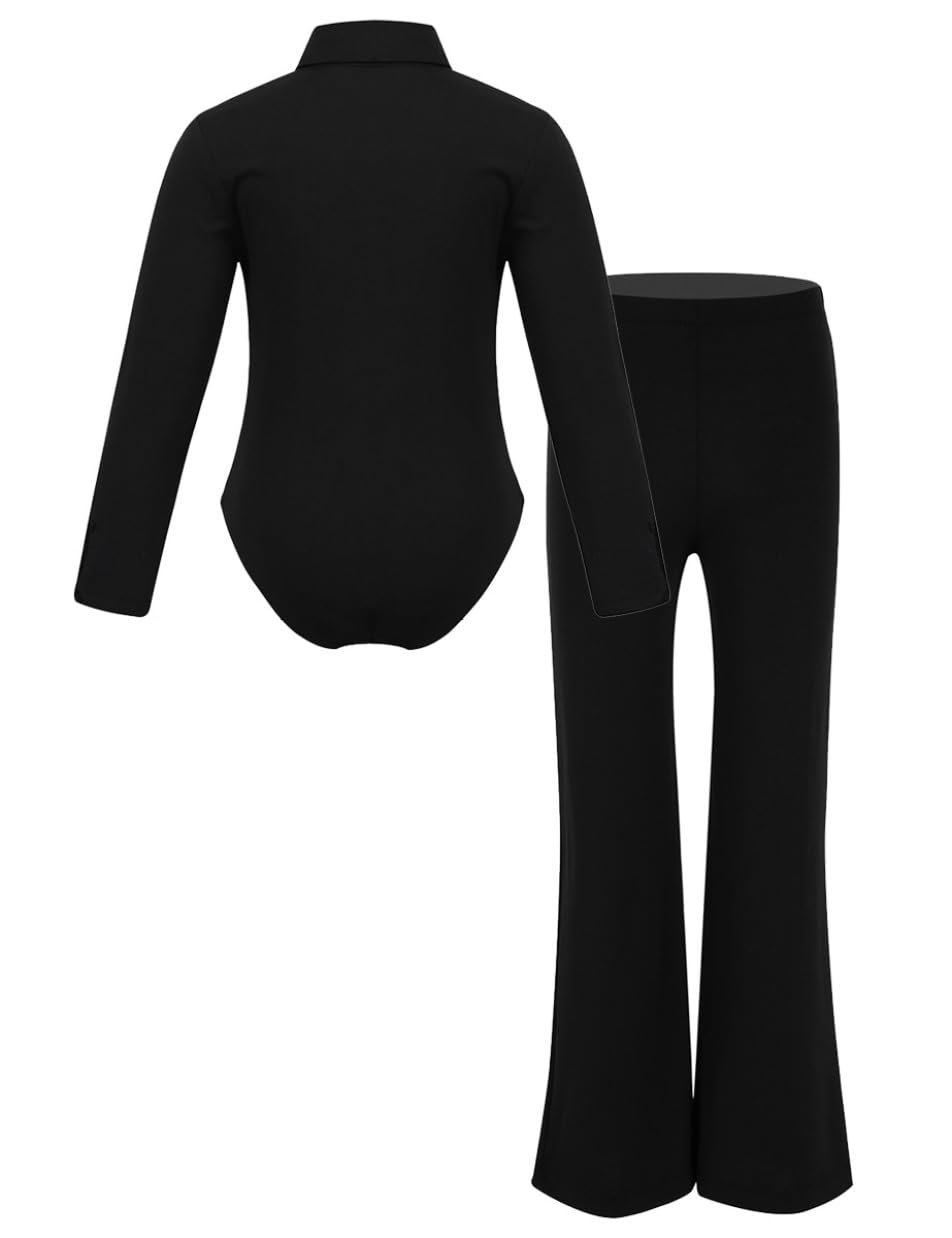 Camicia Body da Ballo Latino Americano Bambini Leotard da Samba Rumba Danza Standard e Pantaloni a Palazzo da Tango Valzer Abito Pattinaggio Artistico