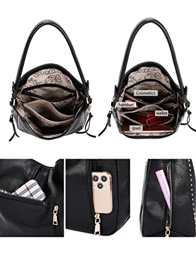 Concealed Carry Hobo Bag Crossbody Purse Shoulder Bag Hand Bag Wallet Studded Faux Leather Women Tote Bag (Black) #TOP4