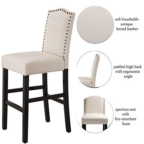 Glitzhome Bar Stools Set Of 2, 45" H White Bonded Leather Armless Barchair With High-Back Studded Solid Rubberwood Legs For Kitchen Island Breakfast Chair For Dining Room, Party Room & Restaurant #TOP4