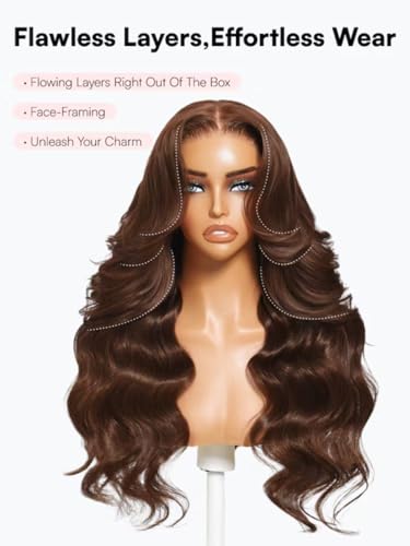 Image of Beauty Forever Pre Everything Medium Chocolate Brown Loose Wave 13x4 Lace Front Human Hair Wig Pre Plucked Pre Cut Face Framing Layers Glueless Drawstring Wear and Go Wigs 150% Density 26inch